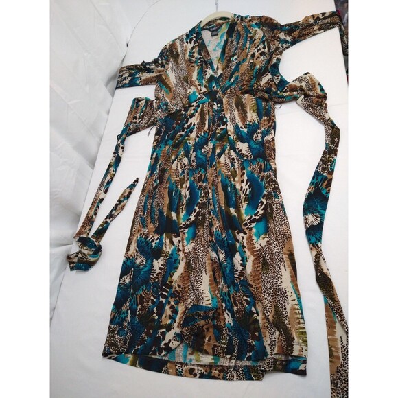Glamour Womens 3/4 Sleeve Dress Size 12 belt/tie animal leopard cheetah stretch - Picture 6 of 10